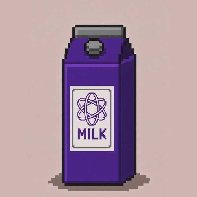 Pixel art illustration of a purple milk carton featuring an atom symbol and the label 'MILK' against a pink background.