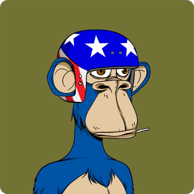 The image features a cartoon monkey wearing an American flag helmet, which has stars and stripes on it. The monkey appears to be wearing a helmet with goggles as well. The background of the image is green, providing a contrast to the blue body of the monkey. There are no other objects or texts in the image besides the monkey and its surroundings.