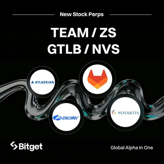 Bitget promotional graphic announcing "New Stock Perps" for "TEAM / ZS" and "GTLB / NVS", displaying logos for Atlassian, Zscaler, GitLab, and Novartis.