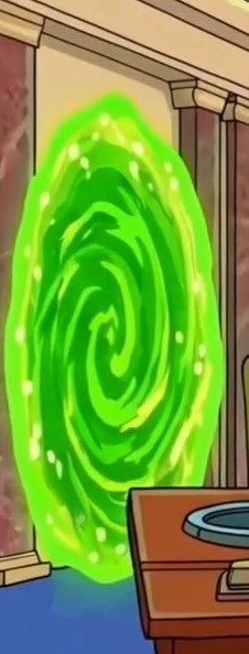 Animated scene showing a swirling green magical portal in a doorway next to a wooden table.