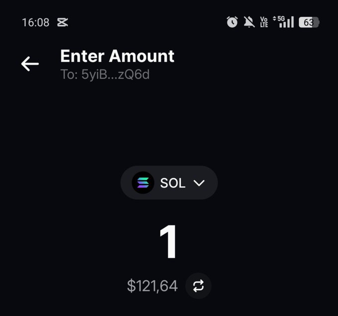 A mobile wallet screen showing an 'Enter Amount' interface for sending '1' SOL (Solana), with a USD equivalent of '$121,64' and a partial address '5yiB...zQ6d'.