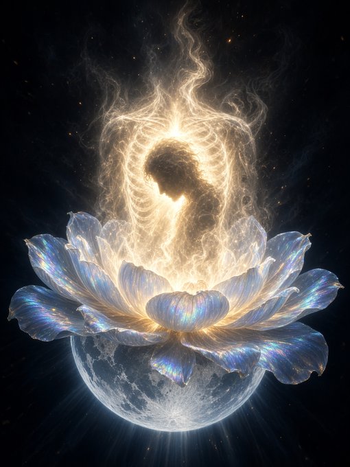 A mystical digital artwork depicting a glowing iridescent lotus flower blooming atop a moon, with ethereal smoke and a silhouette forming a question mark above it.