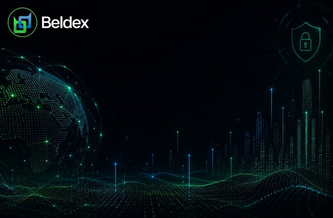 A digital graphic with the "Beldex" logo featuring a globe, security shield, and city skyline data visualization in green tones.