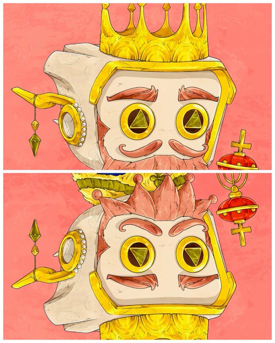 A two-panel digital illustration of a stylized king character wearing a golden crown and frame, with golden eyes containing triangular symbols, set against a pink background.
