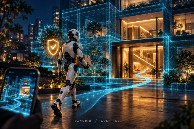 A futuristic humanoid robot in white and black armor walks toward a modern glass building at night, carrying a package, with a glowing blue shield icon, holographic pathways, and the text 'VANGRID / AGENTICS' visible.