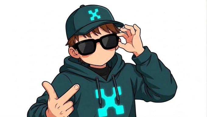 A cartoon-style character wearing a dark hoodie and matching cap, both featuring a teal "X" logo, poses with sunglasses while making a peace sign.