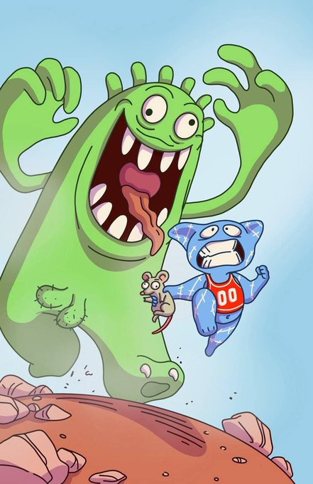 A cartoon illustration showing a large green monster with a wide toothy grin chasing a smaller blue character wearing a red '00' jersey, along with a small mouse, across a rocky landscape.