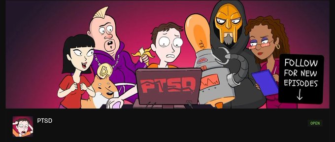 Promotional artwork for the animated series 'PTSD' featuring several cartoon characters and a 'Follow for New Episodes' message.