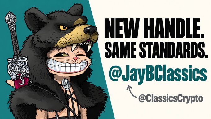 An illustration of a cat-headed character in a bear costume holding a sword, with text reading 'NEW HANDLE. SAME STANDARDS. @JayBClassics' and '@ClassicsCrypto'.