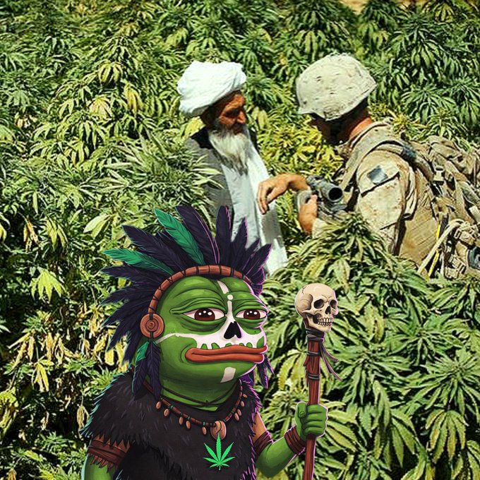 A digitally composed image features an old man and a soldier examining plants in a cannabis field, with a cartoonish green shaman character holding a staff and wearing a cannabis leaf necklace in the foreground.