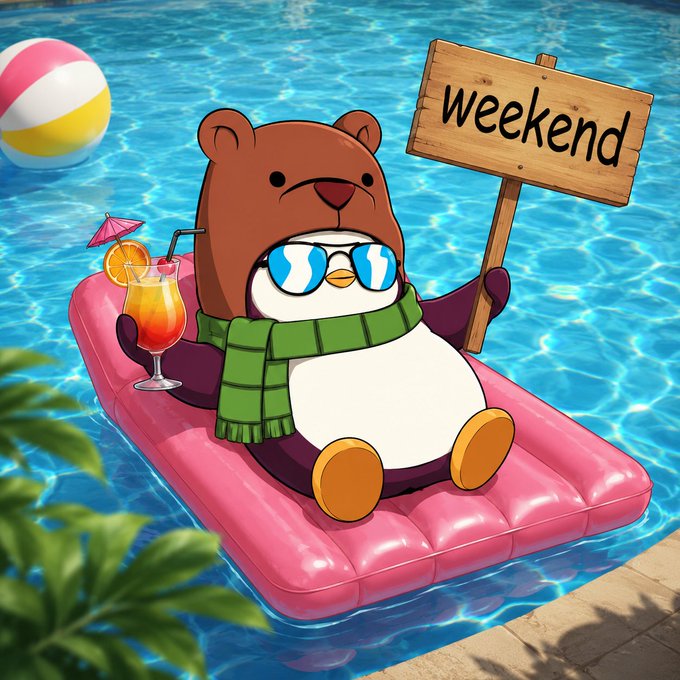 A cartoon illustration of a penguin wearing sunglasses and a bear hat, relaxing on a pink pool float with a tropical drink, while holding a wooden sign that says "Weekend".