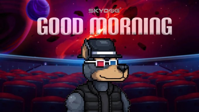 A 'GOOD MORNING' greeting image by 'SKYDOG' featuring a pixel art dog wearing a black cap, an eyepatch, and a 3D-glasses style red and blue lens, set in a dark, space-themed movie theater.