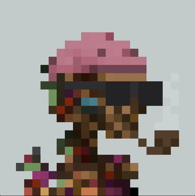 A pixel art rendering of a character wearing a pink helmet with horns, dressed in brown and green attire, shown in a side profile view.