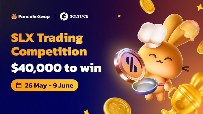 The image features a poster advertising a PancakeSwap trading competition with a cartoon rabbit holding a coin, symbolizing the prize pool. The text on the poster encourages participants to join the competition by entering their names or email addresses. The poster also mentions that the prize pool is just launched and that it's open until June 9th. The main focus of the image is the cartoon rabbit holding a coin, which represents the prize pool for the trading competition.