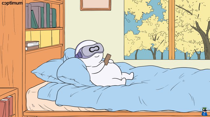 A cartoon illustration branded with 'optimus' in the top left, showing a white character wearing a VR headset and holding a phone while relaxing on a bed, with a bookshelf and a window view of trees in the background.