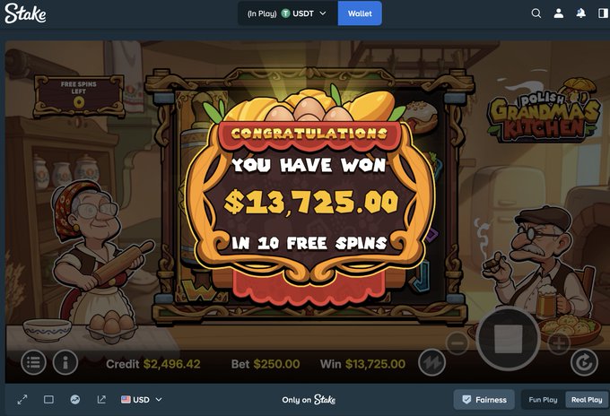 A screenshot from the Stake online casino displays a "Congratulations" pop-up from "Dolla's Grandma's Kitchen" slot game announcing a $13,725.00 win in 10 free spins, perfectly capturing the lucky $13,000+ hit the streamer celebrated on stream. The image shows a credit balance of $2,496.42 with a $250 bet and the full $13,725.00 win amount displayed prominently in the cartoon kitchen-themed game interface.