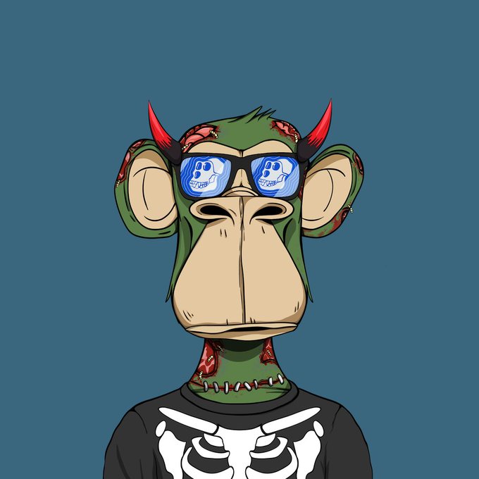 A stylized digital illustration of a green monkey-like creature with red horns, skull-patterned sunglasses, stitched wounds, and a skeleton-print shirt against a blue background.