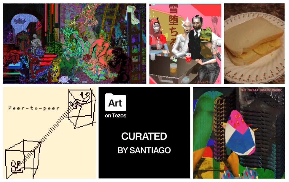 The image features a collage of five different pictures that are related to the theme of "Art on Tezos" by Santigo. The images include various artworks, such as paintings or sculptures, showcasing the diverse range of artistic expressions from the Tezos community. Each artwork is accompanied by text that provides information about the piece and its creator.