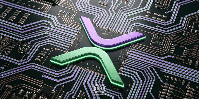 A close-up of a circuit board featuring purple and green metallic paths forming the shape of the 'X' logo.