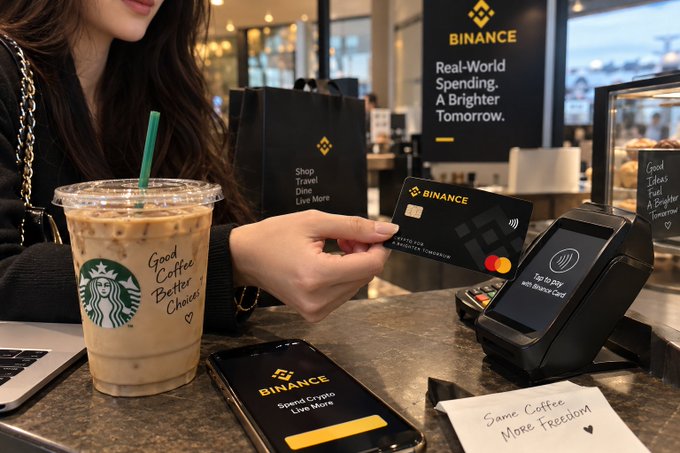 A promotional image showing a woman at a Starbucks paying with a Binance crypto card, featuring text 'BINANCE - Real-World Spending. A Brighter Tomorrow.', a phone displaying 'Spend Crypto Live More', and coffee cups labeled 'Good Coffee Better Choices' and 'Same Coffee More Freedom'.