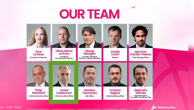 Team page for GlobiencePay featuring photos and titles of executives including Irina La Rosa (Founder & Chairman), Oliver Marco La Rosa (Founder & Non-Executive Director), and Dmitrij Luzon (Director), with André Casterman (Chief Innovation Officer) highlighted in a green box.