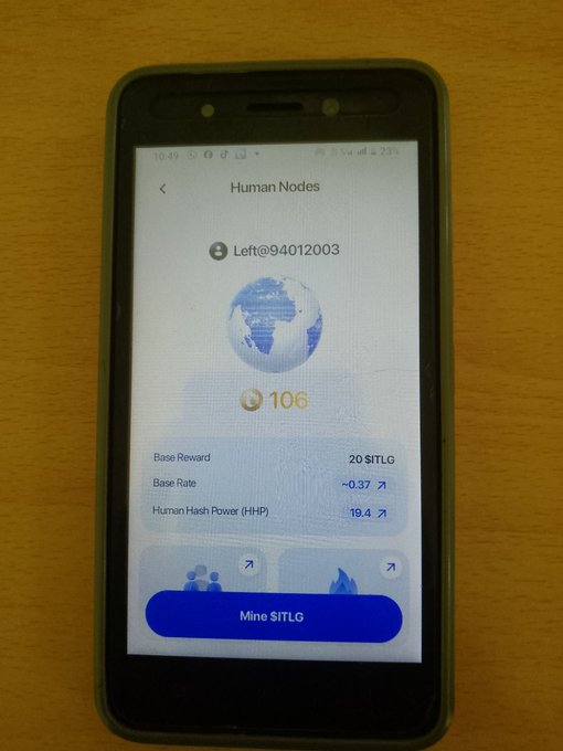 A smartphone displays a "Human Nodes" mining app for the user "Left@94012003," showing a mining rate of 106 SITLG with a 19.4 Human Hash Power (HHP) and a "Mine SITLG" button. The image illustrates the sibling's mining claim referenced in the post, quantifying their ITLG earning rate.
