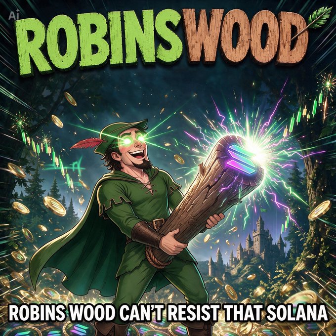 The image is a promotional graphic titled "ROBINSWOOD," featuring a cartoon Robin Hood-like archer in green attire wielding a wooden log that emits bright purple and green energy beams, surrounded by floating gold coins and a castle in the background. The caption reads "ROBINS WOOD CAN'T RESIST THAT SOLANA," tying into the post's playful crypto meme about a Solana-based "pump" token launch.