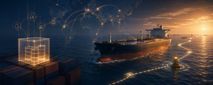 A cargo vessel sails at sunset, overlaid with a digital map of glowing trade routes, blockchain nodes, and physical shipping containers symbolizing tokenized maritime assets. The graphic illustrates how platforms like @ethraship replace guesswork with verifiable, on-chain tracking of real-world shipping flows.