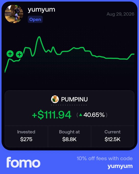 A Fomo app screenshot displaying a portfolio card for "yumyum" dated Aug 29, 2026, showing a green performance chart with two buy indicators and a PUMPINU position with a +$111.94 gain (▲40.65%) on a $275 investment bought at $8.8K with current value at $12.5K, accompanied by a promo code "yumyum" for 10% off fees.