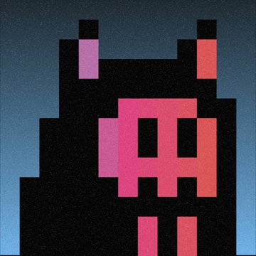 A pixel art illustration of a dark, monster-like figure with pink accents, small horns, and a large pink skull-like face, set against a dark blue starry background.