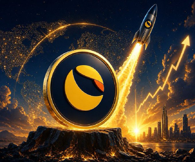 The image features a gold and black token coin with a fiery orange emblem launching upward on a rocket's flame trail, set against a starry sky with an ascending arrow and futuristic city skyline, symbolizing the upcoming LUNC burning event and projected price surge.