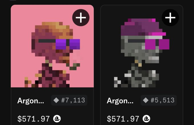 Two NFT digital art collectibles named 'Argon...' both priced at $571.97, featuring pixelated character portraits with sunglasses, with one ranked #7,113 and the other #5,513.
