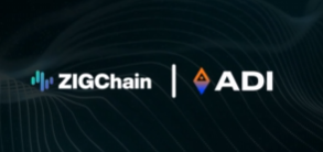 The image displays a partnership banner featuring the logos and names of "ZIGChain" and "ADI" against a dark, wave-textured background. This visual represents the collaboration between the two projects, which ties into the post's discussion of ZIGChain's technical capabilities, such as its sub-5-second block confirmation time, for real-world asset (RWA) applications.