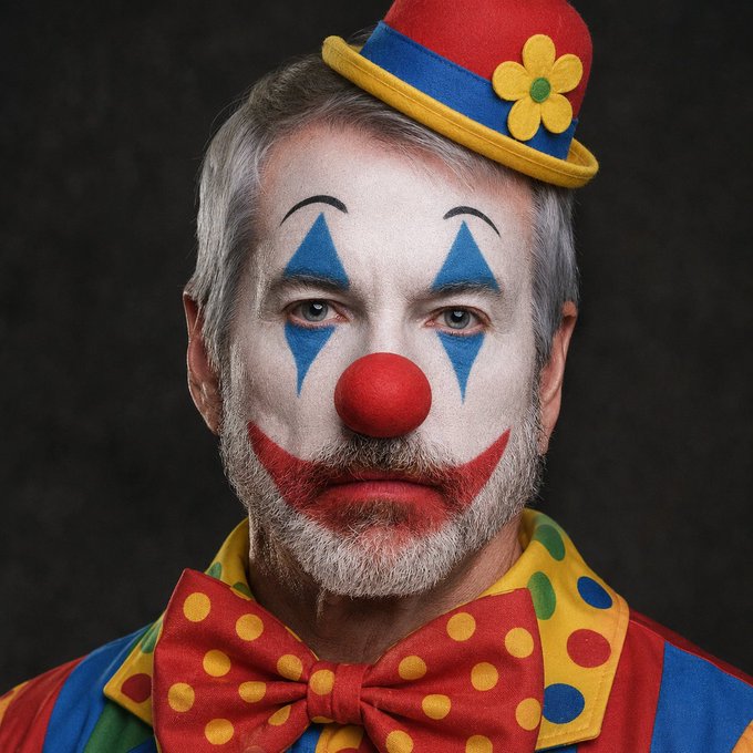 The image features a man dressed as a clown, wearing a colorful outfit with a bow tie and a red nose painted on his face. He has a serious expression on his face, giving off an air of mystery or intrigue. The background appears to be black, which contrasts with the vibrant colors of the clown's costume and makeup. There is also text in the image that reads "Never sell your bitcoin". This could be a reference to Bitcoin, a digital currency, or it might be a statement about the importance of preserving one's assets.