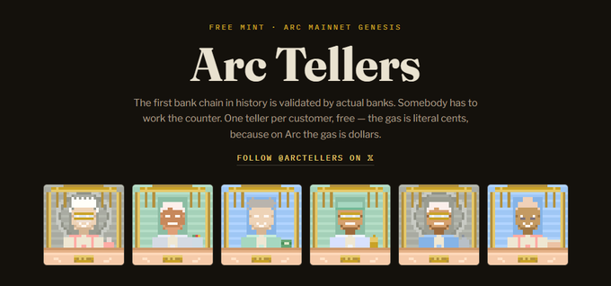 A promotional banner for 'Arc Tellers' described as 'FREE MINT - ARC MAINNET GENESIS' featuring pixel art characters of bank tellers at counters, with text explaining 'The first bank chain in history is validated by actual banks' and 'One teller per customer, free.'