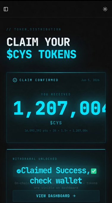 The image shows an email from someone named "Team" that includes a screenshot or an illustration of a phone screen displaying various details related to their $CYS Tokens, such as a claim made by the team that they received payment for these tokens. The screen displays information about the tokens' distribution and the total amount received in exchange. This post seems to be promoting or discussing the use of their token distribution system, possibly focusing on the benefits and advantages it offers.