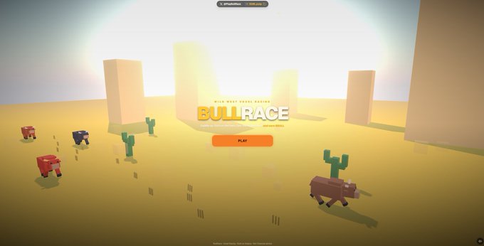 Title screen of a video game called 'Bull Race' featuring a desert landscape with bulls, cacti, and a 'PLAY' button.