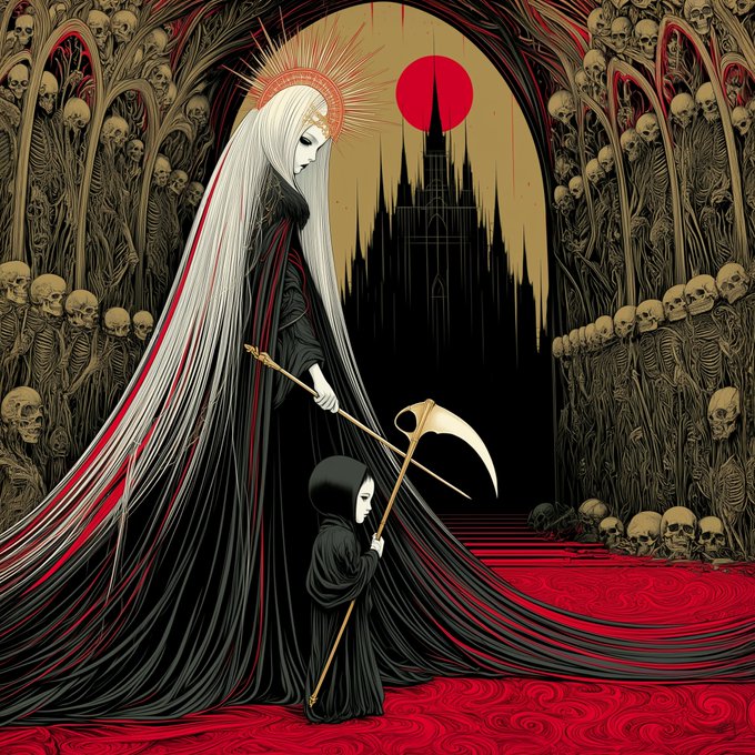 A regal figure in a flowing black gown with a radiant halo and long white hair stands alongside a smaller cloaked figure wielding a scythe, framed by gothic arches adorned with skulls and a shadowy castle silhouette under a blood-red moon. The haunting, macabre artwork evokes themes of death and legacy, fitting the post's reference to "The Inheritance" shared on the Access Protocol hub.