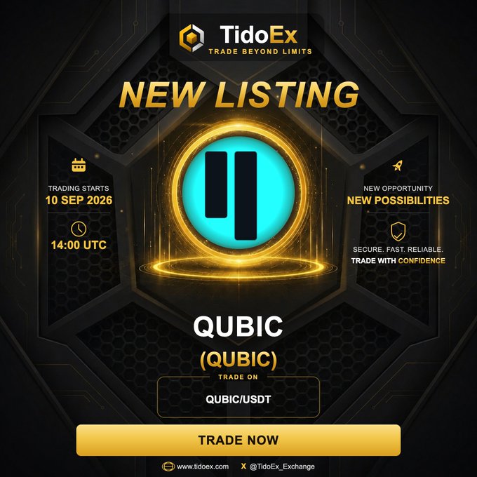 A promotional advertisement for 'TidoEx' announcing a 'NEW LISTING' for 'QUBIC (QUBIC)' on 'QUBIC/USDT,' with trading starting '10 SEP 2026 14:00 UTC.'