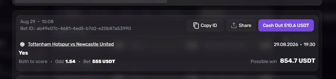 A betting slip on Dexsport showing a "Yes" bet on "Both to score" at odds of 1.54 for the Tottenham Hotspur vs Newcastle United match on Aug 29, 2024 at 19:30, with a 555 USDT stake and potential win of 854.7 USDT, aligning with the post's confidence in goals from both teams.