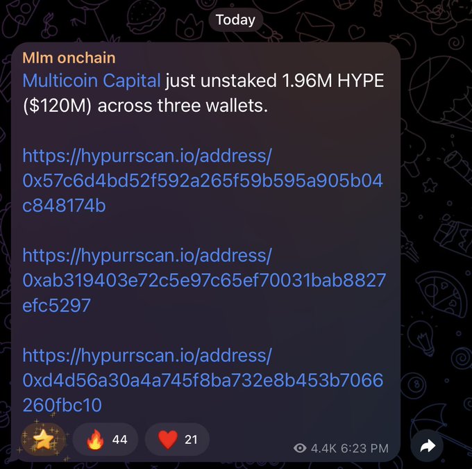 A Telegram message from "Mlm onchain" reports that Multicoin Capital unstaked 1.96M HYPE ($120M) across three wallets, linking to the relevant Hypurrscan addresses. The post suggests the user views this large unstaking as a potential opportunity to buy HYPE in the mid-$50s if it gets dumped on the market.
