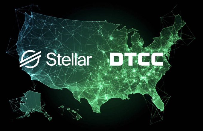 The image features a glowing green digital wireframe map of the United States overlaid with the Stellar logo and "DTCC" text in bold white lettering. This visual ties directly to the caption's message about Stellar's (XLM) potential involvement in DTCC tokenization, symbolizing a nationwide financial infrastructure shift toward blockchain. The network-style design reinforces themes of connectivity, technological transformation, and the impending wave of institutional adoption for XLM.
