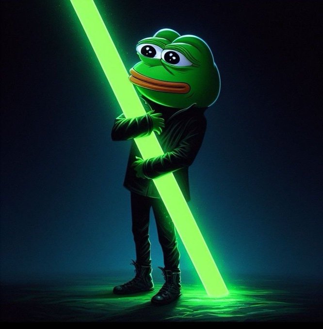 A digital illustration of Pepe the Frog dressed in dark clothing, wielding a glowing green lightsaber against a dark background. The image ties into the "Believe in something. #PEPE" post by portraying Pepe as a Jedi-like figure, symbolizing conviction and faith—key themes often associated with the PEPE crypto community and meme culture.