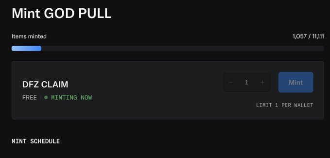 A dark-themed 'Mint GOD PULL' NFT minting page showing 1,057 of 11,111 items minted, with a free DFZ CLAIM section currently minting, limited to 1 per wallet.