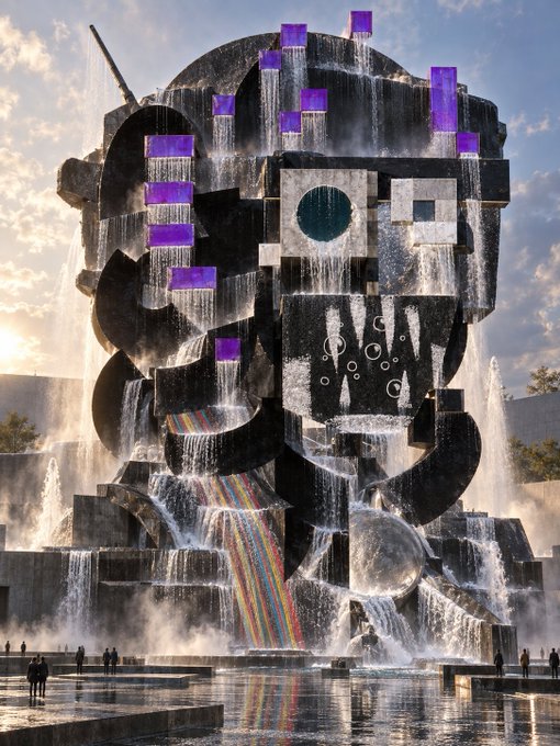 A surreal digital artwork depicting a massive, abstract fountain sculpture with purple square accents and a rainbow-colored water stream flowing from it.