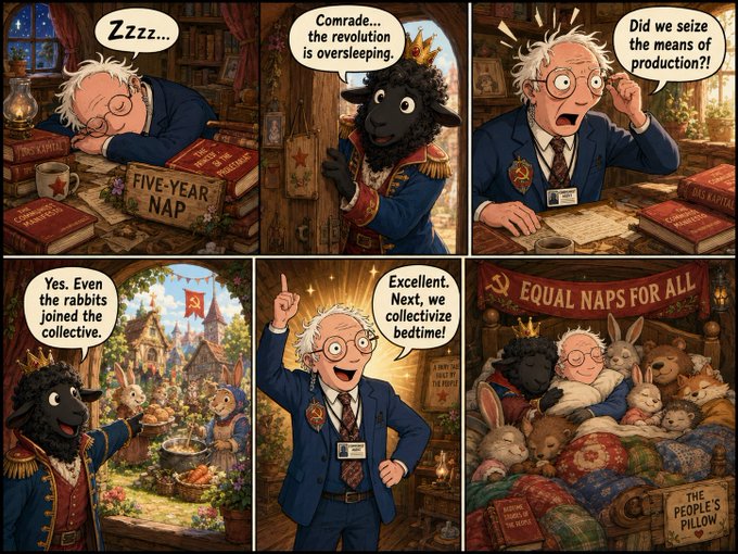 A six-panel comic strip featuring a Bernie Sanders-like character and a sheep in royal attire discussing a communist revolution, with visible text including 'Zzzz...', 'Comrade... the revolution is overstepping.', 'FIVE-YEAR NAP', 'Did we seize the means of production?!', 'Yes. Even the rabbits joined the collective.', 'Excellent. Next, we collectivize bedtime!', 'EQUAL NAPS FOR ALL', and 'THE PEOPLE'S PILLOW'.