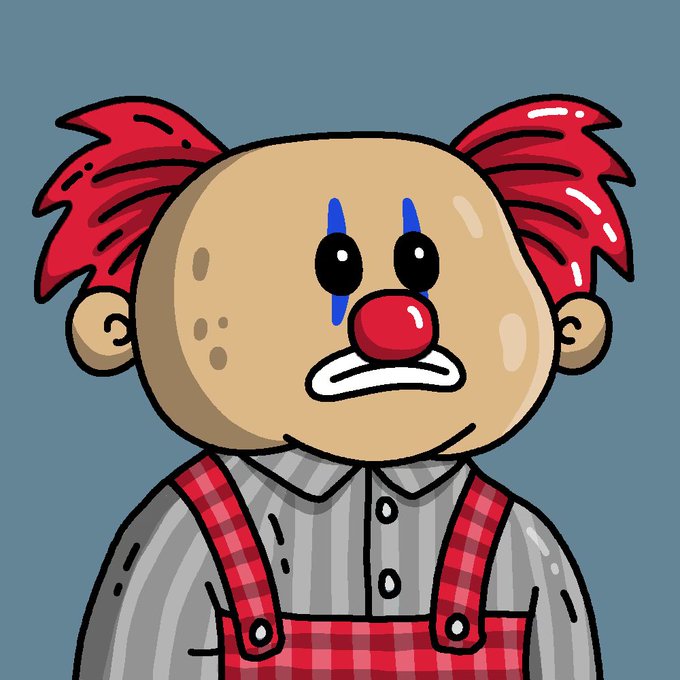 Cartoon illustration of a clown with red hair, a red nose, and blue tear-like makeup, wearing a striped shirt with red and white checkered overalls.