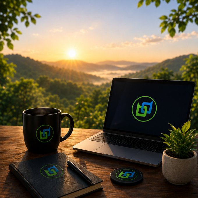 A scenic workspace setup at sunset overlooking mountains, featuring a laptop and black mug both displaying a green and blue interlocking logo, alongside a notebook, pen, coaster, and small potted plant.