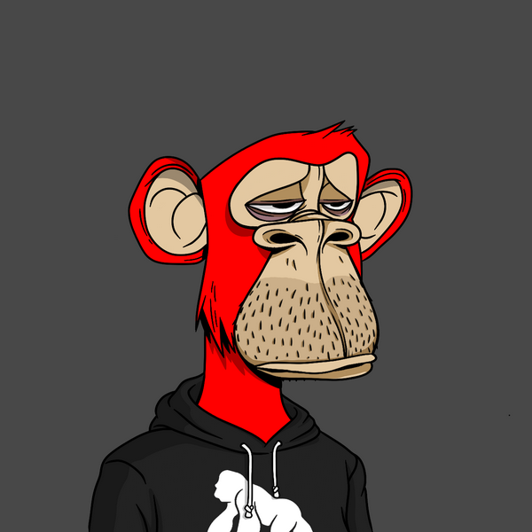 A digital illustration of a bored-looking red monkey character wearing a black hoodie with a white logo, set against a dark grey background.