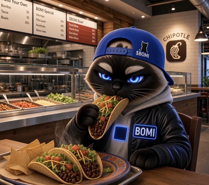 An anthropomorphic cat wearing a blue '$BOMI' cap and black jacket eats a taco in a Chipotle-style restaurant, with menu boards displaying 'Build Your Own', 'BOMI Special', and '$BOMI Bowl' options, plus a plate of tacos and chips on the table.